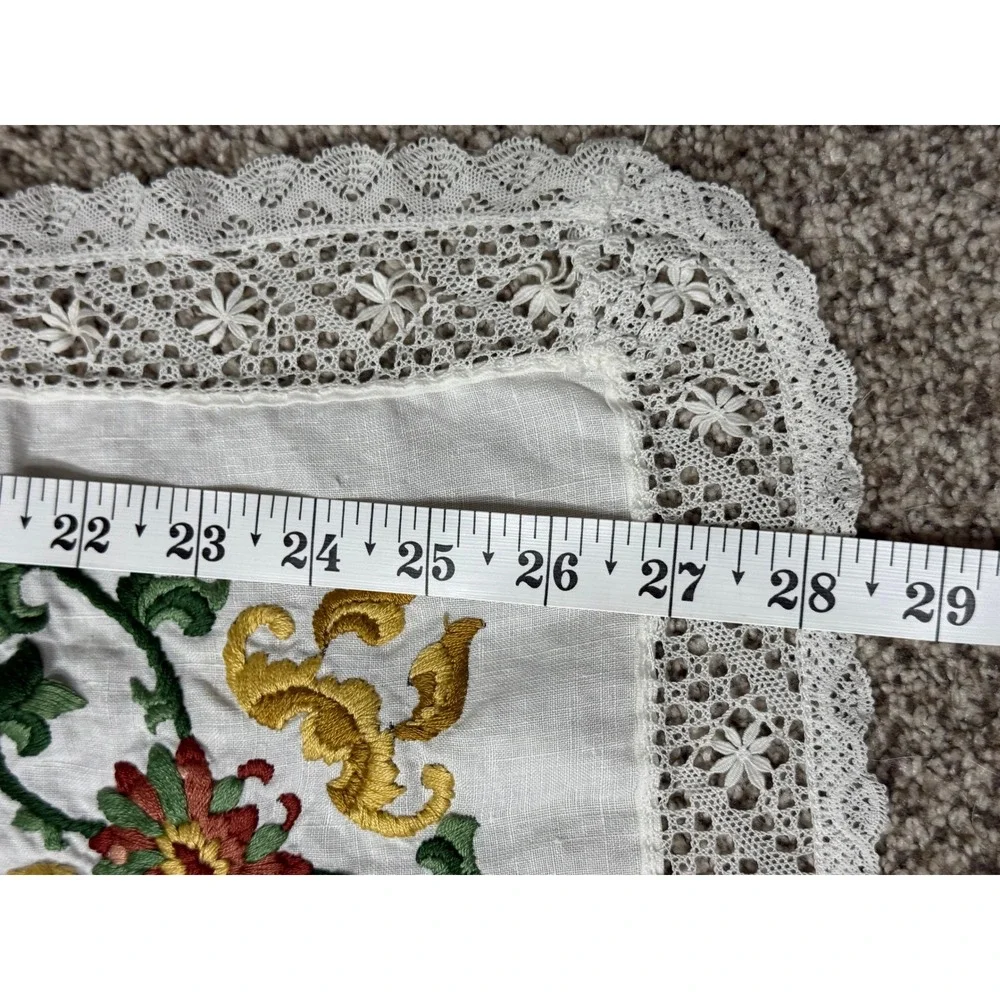 Vintage White Linen Embroidered Floral Lace Trim Square Tablecloth 28x28